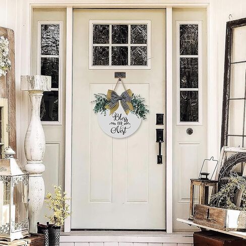 MayAvenue Bless Our Nest Wreaths Decor Sign Front Door, Round Wood Hanging Sign with Ribbon Bow and Artificial Green Leaves, Farmhouse Porch Decorations for Home Thanksgiving, White in Kuwait