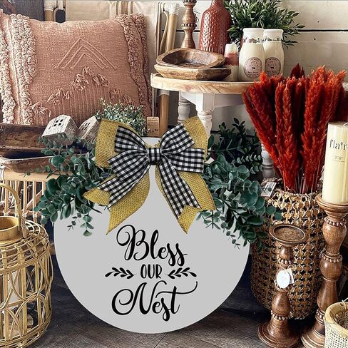 MayAvenue Bless Our Nest Wreaths Decor Sign Front Door, Round Wood Hanging Sign with Ribbon Bow and Artificial Green Leaves, Farmhouse Porch Decorations for Home Thanksgiving, White in Kuwait