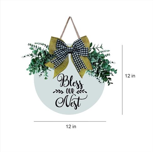 MayAvenue Bless Our Nest Wreaths Decor Sign Front Door, Round Wood Hanging Sign with Ribbon Bow and Artificial Green Leaves, Farmhouse Porch Decorations for Home Thanksgiving, White in Kuwait