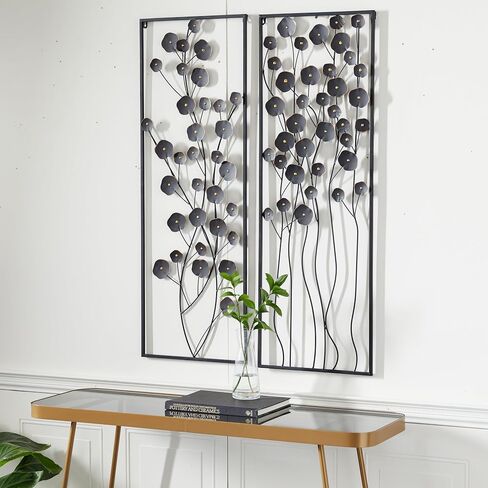 Deco 79 Metal Floral Wall Decor with Black Frame, Set of 2 15"W, 42"H, Black in Saudi Arabia