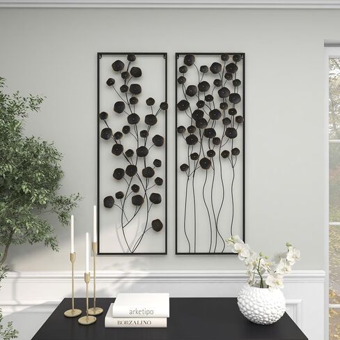 Deco 79 Metal Floral Wall Decor with Black Frame, Set of 2 15"W, 42"H, Black in Saudi Arabia