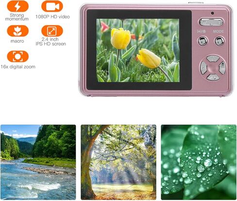كاميرا wendeekun الرقمية، كاميرا تسجيل فيديو FHD 1080P 40MP مع تكبير رقمي 16X، كاميرا فيديو صغيرة بشاشة IPS 2.4 بوصة، كاميرات صغيرة محمولة للطلاب والمراهقين والأطفال والبالغين والمبتدئين (وردي) in Kuwait