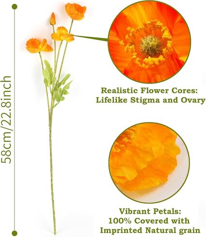 Glamrce Artificial Poppy Flowers, Realistic Poppy, Red and Orange Fake Poppy Flowers, Silk Flowers 5 pcs for Home Decoration, Party Decoration, Wedding Decoration, RDOR5 in Kuwait
