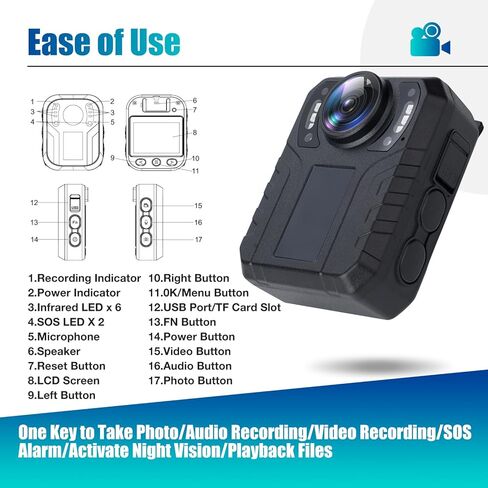 SPIKECAM 12 Hours Body Camera with Audio Video Recording and Night Vision, Police Body Cam for Law Enforcement, Security, Officers, Civilians, 64GB in Kuwait