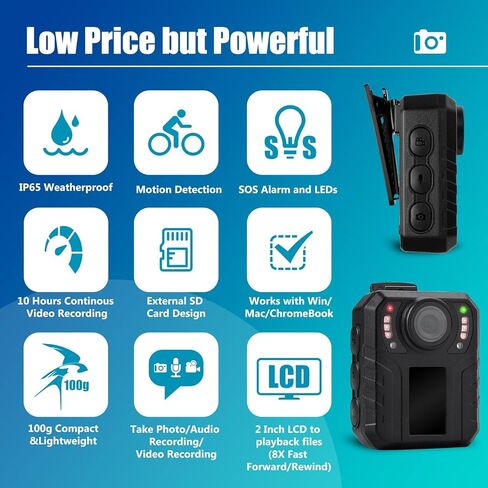 SPIKECAM 12 Hours Body Camera with Audio Video Recording and Night Vision, Police Body Cam for Law Enforcement, Security, Officers, Civilians, 64GB in Kuwait