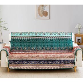 WONGS BEDDING Boho Sofa Cover, Blue Stripe Slipcover Couch Cover with Non Slip and Elastic Straps Bohemian Microfiber Washable Furniture Protector for Kids Dogs, 2 Seater (Sitting Area 46 inch)