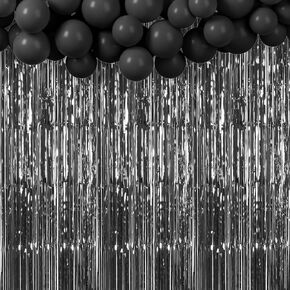 MEEZY 4Pack 3.2ft x 8.2ft Black Foil Fringe Curtains Backdrop Metallic Foil Tinsel Streamers with Black Balloons for Graduation Bachelorette Baby Shower Wedding Birthday Bridal Shower Party Decor