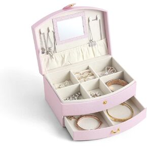 CASEGRACE Jewelry Organizer Box, Double Layer Jewelry Storage Case with Mirror for Necklace Bracelet Earrings Rings Organizer Jewellery Display Box for Women Girls, Pink in Kuwait