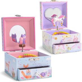 صندوق المجوهرات الموسيقية من Jewelkeeper مع البوم الدوار، حزمة تصميم الغابات مع صندوق المجوهرات الموسيقية مع وحيد القرن الدوار، 4.25 × 4.75 × 3.5 بوصة، تصميم قوس قزح ونجوم لامع in Kuwait
