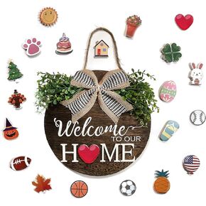 Wooden Rustic, Modern Farmhouse Interchangeable Welcome Home Door Sign, 12-inch Round, 20-pcs. Custom Seasonal Decorations for Holidays and Special Occasions in Kuwait