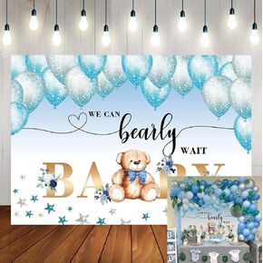 WR الدب الطفل دش خلفية الحزب يمكننا الانتظار الانتظار المائية الزرقاء بالونات نجمة يترك خلفية استحمام الطفل صبي عيد ميلاد حزب كعكة الجدول الديكور الصورة كشك الدعائم 7x5FT in Kuwait