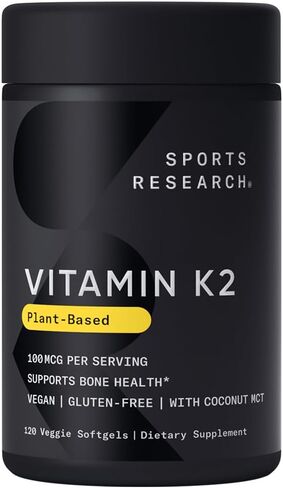 Sports Research فيتامين K2 في صورة MK-7 100 ميكروجرام مع زيت جوز الهند MCT - 120 كبسولة هلامية نباتية (كمية تكفي لمدة 4 أشهر) نباتي معتمد، معتمد كمنتج غير معدل وراثيًا، خالي من الغلوتين والصويا - رائحة الحمضيات in Saudi Arabia