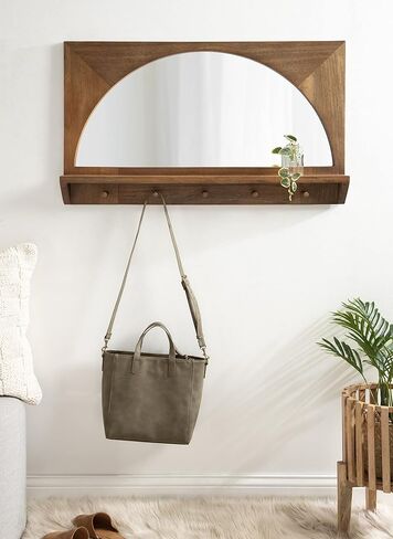 مرآة حانة كيت آند لوريل أندوفر مع خطافات معطف، 20 × 30، خشب طبيعي، مرآة حائط خشبية مزخرفة مع ثلاثة أوتاد معلقة ورف عرض صغير in Kuwait