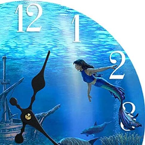 ساعة حائط زجاجية على شكل حورية البحر جديدة 13"X 13" لديكور المنزل على الشاطئ البحري البحري البحري in Kuwait