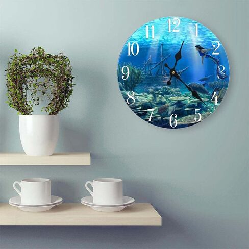 ساعة حائط زجاجية على شكل حورية البحر جديدة 13"X 13" لديكور المنزل على الشاطئ البحري البحري البحري in Kuwait
