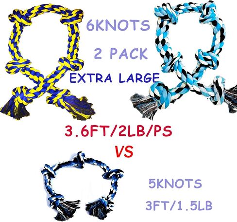 Fejapa 6 Knot 2 Pack 3.6 Feet Large Dog Chew Rope Toy for Aggressive Chewer Power Chewer Heavy Duty Tug of War Play Chewing Tugging Tough Knotted XL Long Rope Pulling Pitbull Large Breed Medium Dog in Saudi Arabia