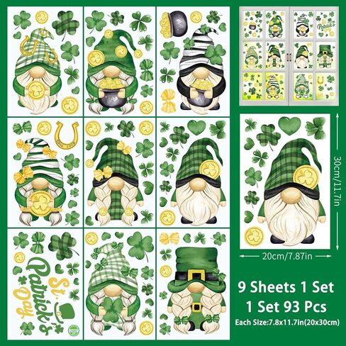 ANUWKS 9 أوراق ملصقات نافذة يوم القديس باتريك، ملصقات نافذة شامروك التماثيل المحظوظة، ملصقات نافذة مزدوجة الجوانب قابلة لإعادة الاستخدام لديكور يوم القديس باتريك in Kuwait