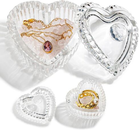 زين بليس صندوق مجوهرات على شكل قلب من الزجاج الكريستالي مع غطاء، صندوق على شكل قلب بتصميم منقوش رائع، صناديق حلي لطيفة مثالية لتخزين الاقراط والقلائد والخواتم وترتر الاظافر والحلوى in Kuwait