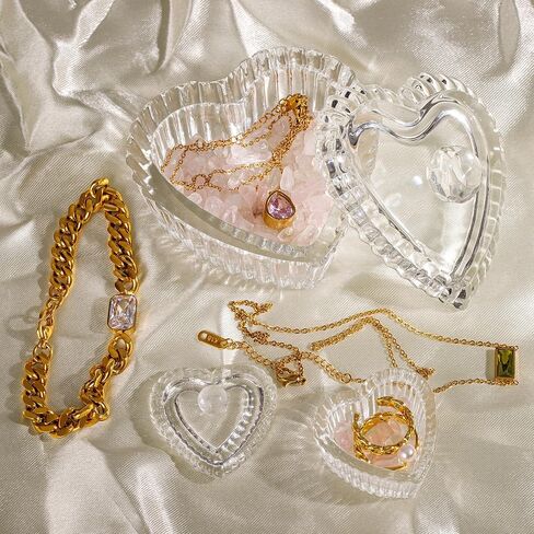 زين بليس صندوق مجوهرات على شكل قلب من الزجاج الكريستالي مع غطاء، صندوق على شكل قلب بتصميم منقوش رائع، صناديق حلي لطيفة مثالية لتخزين الاقراط والقلائد والخواتم وترتر الاظافر والحلوى in Kuwait