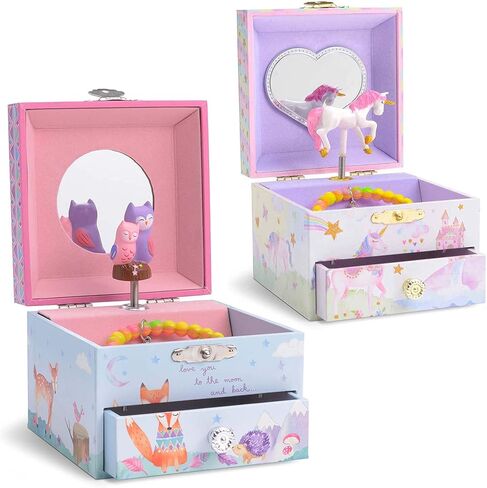 صندوق المجوهرات الموسيقية من Jewelkeeper مع البوم الدوار، حزمة تصميم الغابات مع صندوق المجوهرات الموسيقية مع وحيد القرن الدوار، 4.25 × 4.75 × 3.5 بوصة، تصميم قوس قزح ونجوم لامع in Kuwait