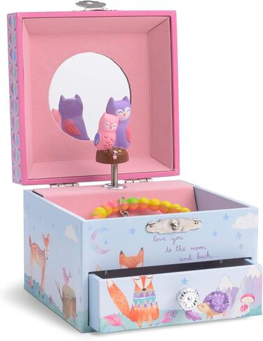 صندوق المجوهرات الموسيقية من Jewelkeeper مع البوم الدوار، حزمة تصميم الغابات مع صندوق المجوهرات الموسيقية مع وحيد القرن الدوار، 4.25 × 4.75 × 3.5 بوصة، تصميم قوس قزح ونجوم لامع in Kuwait