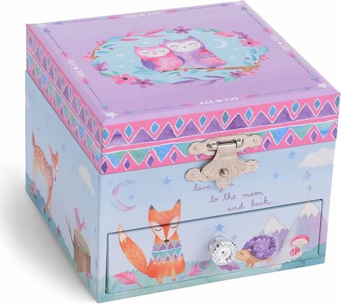 صندوق المجوهرات الموسيقية من Jewelkeeper مع البوم الدوار، حزمة تصميم الغابات مع صندوق المجوهرات الموسيقية مع وحيد القرن الدوار، 4.25 × 4.75 × 3.5 بوصة، تصميم قوس قزح ونجوم لامع in Kuwait