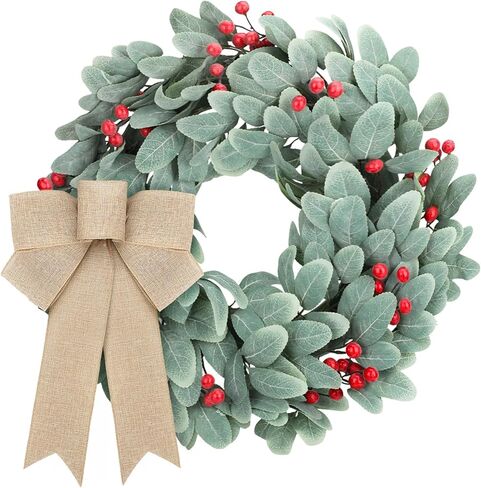 اكاليل زينة الكريسماس من كرافت ساتان، 19 انش، اكاليل اذن الحملان المتدفقة لجميع المواسم مع فيونكات توت على الباب، اكليل زهور الكريسماس الاصطناعي للمنزل الريفي في الهواء الطلق في الشتاء ديكور المنزل in Kuwait