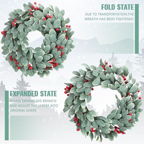 اكاليل زينة الكريسماس من كرافت ساتان، 19 انش، اكاليل اذن الحملان المتدفقة لجميع المواسم مع فيونكات توت على الباب، اكليل زهور الكريسماس الاصطناعي للمنزل الريفي في الهواء الطلق في الشتاء ديكور المنزل in Kuwait