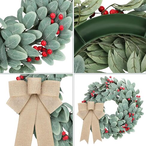 اكاليل زينة الكريسماس من كرافت ساتان، 19 انش، اكاليل اذن الحملان المتدفقة لجميع المواسم مع فيونكات توت على الباب، اكليل زهور الكريسماس الاصطناعي للمنزل الريفي في الهواء الطلق في الشتاء ديكور المنزل in Kuwait