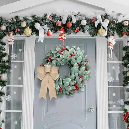 اكاليل زينة الكريسماس من كرافت ساتان، 19 انش، اكاليل اذن الحملان المتدفقة لجميع المواسم مع فيونكات توت على الباب، اكليل زهور الكريسماس الاصطناعي للمنزل الريفي في الهواء الطلق في الشتاء ديكور المنزل in Kuwait