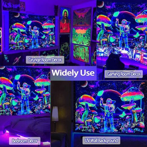 YEXIT Blacklight رائد الفضاء نسيج الفطر، الأشعة فوق البنفسجية رد الفعل المجرة الفضاء النباتات فراشة المناظر الطبيعية المفروشات لغرفة النوم 44 × 60 بوصة in Kuwait