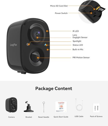 LongPlus Battery Security Camera, Wireless Outdoor Security Camera with Rechargeable Battery, Color Night Vision, PIR Motion Detection,Weatherproof,2-Way Audio,Mobile App Access,Ideal Home Security in Kuwait