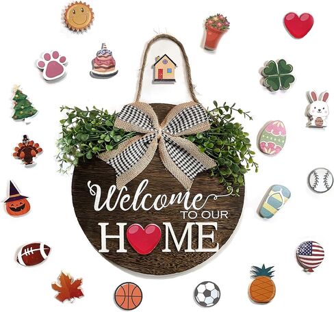 Wooden Rustic, Modern Farmhouse Interchangeable Welcome Home Door Sign, 12-inch Round, 20-pcs. Custom Seasonal Decorations for Holidays and Special Occasions in Kuwait