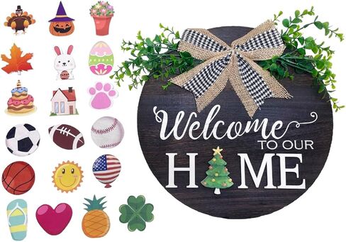 Wooden Rustic, Modern Farmhouse Interchangeable Welcome Home Door Sign, 12-inch Round, 20-pcs. Custom Seasonal Decorations for Holidays and Special Occasions in Kuwait