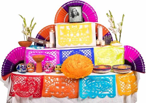Dia de Los Muertos/Day of The Dead Altar Ofrenda - مجموعة: All You Need to Setup Your Traditional Dia de Muertos Ofrenda: جمجمة 4.5 بوصة ، بابيل بيكادو ، شموع ، بخور كوبال وأكثر من ذلك. in Saudi Arabia