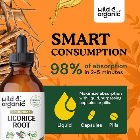 Wild & Organic Licorice Root Liquid Extract - Licorice Root Supplement for Respiratory Health & Digestion Support - Glycyrrhiza Glabra Tincture - Vegan, Alcohol Free Drops - 2 fl oz in Kuwait