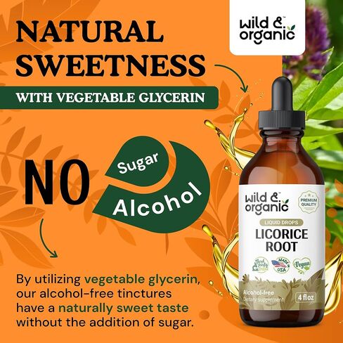 Wild & Organic Licorice Root Liquid Extract - Licorice Root Supplement for Respiratory Health & Digestion Support - Glycyrrhiza Glabra Tincture - Vegan, Alcohol Free Drops - 2 fl oz in Kuwait