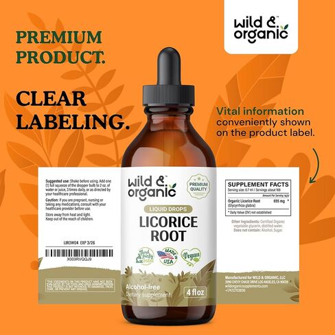 Wild & Organic Licorice Root Liquid Extract - Licorice Root Supplement for Respiratory Health & Digestion Support - Glycyrrhiza Glabra Tincture - Vegan, Alcohol Free Drops - 2 fl oz in Kuwait