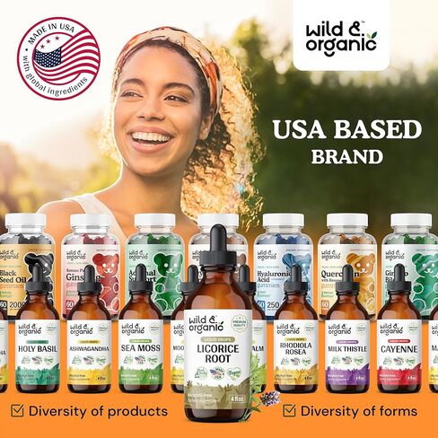 Wild & Organic Licorice Root Liquid Extract - Licorice Root Supplement for Respiratory Health & Digestion Support - Glycyrrhiza Glabra Tincture - Vegan, Alcohol Free Drops - 2 fl oz in Kuwait