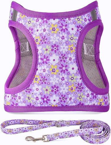 Moonpet Step in Air Dog Harness Leash Set- All Weather Reflective No-Pull Floral Pattern Padded Mesh Vest Harness for Cats Puppy Extra-Small Small Medium Large Dogs - Dark Flower - XXS in Saudi Arabia