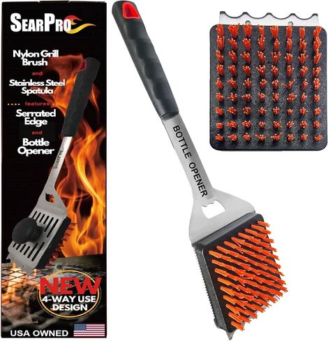 SearPro 4-in1 Grill Brush BBQ Cleaner Scraper Barbecue Tool Accessories Kit Heat Resistant Nylon Bristle Spatula Outdoor Smoker Black Stone Grate Cast Iron Spatula Non-Wire Brush Combo in Saudi Arabia