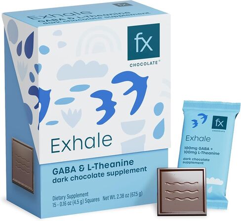 Fx Chocolate Exhale - Relaxing Chocolate Supplement to Support Calm + Stress Response - Sugar Free Cacao with 100mg GABA + 100mg L-Theanine - Keto Dark Chocolate - Vegan + Non-GMO (Box of 15) in Saudi Arabia