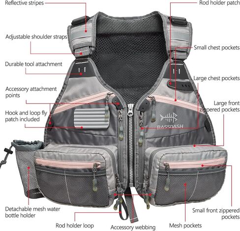 BASSDASH Fly Fishing Vest Adjustable Size with Detachable Water Bottle Holder for Men and Women FV07 in Saudi Arabia