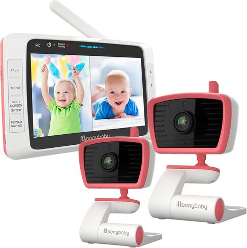 Moonybaby 5" No WiFi Baby Monitor with 2 Cameras and Audio, Split Screen with Wide View, 2-Way Audio, Auto Night Vision, Zoom, Sound Activated, and Temperature Display in Kuwait