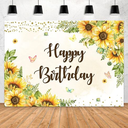 Aperturee 7x5ft عباد الشمس عيد ميلاد سعيد خلفية فراشة الذهب النقاط الفتيات النساء الحلو 16th bday التصوير خلفية حزب زينة الصورة كشك استوديو الدعائم راية اللوازم كعكة الجدول in Kuwait