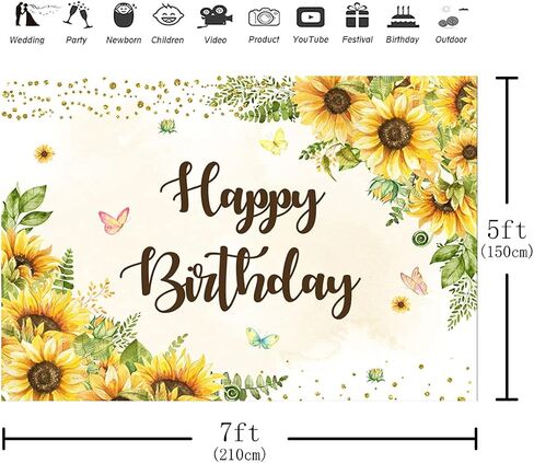 Aperturee 7x5ft عباد الشمس عيد ميلاد سعيد خلفية فراشة الذهب النقاط الفتيات النساء الحلو 16th bday التصوير خلفية حزب زينة الصورة كشك استوديو الدعائم راية اللوازم كعكة الجدول in Kuwait