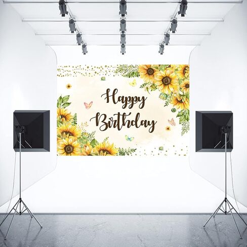 Aperturee 7x5ft عباد الشمس عيد ميلاد سعيد خلفية فراشة الذهب النقاط الفتيات النساء الحلو 16th bday التصوير خلفية حزب زينة الصورة كشك استوديو الدعائم راية اللوازم كعكة الجدول in Kuwait