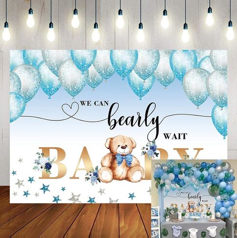 WR الدب الطفل دش خلفية الحزب يمكننا الانتظار الانتظار المائية الزرقاء بالونات نجمة يترك خلفية استحمام الطفل صبي عيد ميلاد حزب كعكة الجدول الديكور الصورة كشك الدعائم 7x5FT in Kuwait