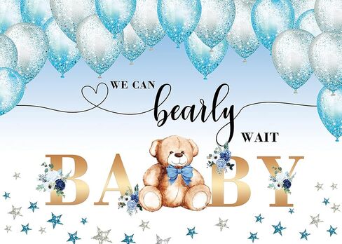 WR الدب الطفل دش خلفية الحزب يمكننا الانتظار الانتظار المائية الزرقاء بالونات نجمة يترك خلفية استحمام الطفل صبي عيد ميلاد حزب كعكة الجدول الديكور الصورة كشك الدعائم 7x5FT in Kuwait