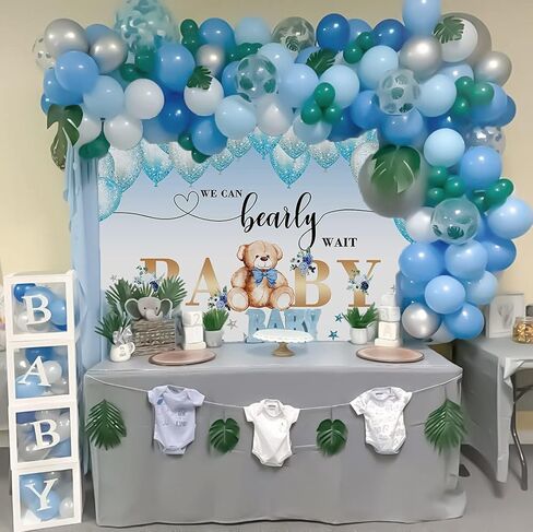 WR الدب الطفل دش خلفية الحزب يمكننا الانتظار الانتظار المائية الزرقاء بالونات نجمة يترك خلفية استحمام الطفل صبي عيد ميلاد حزب كعكة الجدول الديكور الصورة كشك الدعائم 7x5FT in Kuwait